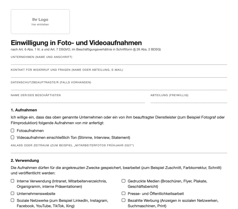 Vorschau der Muster-Einwilligung für Mitarbeiterfotos mit Logo-Feld und Ankreuzfeldern